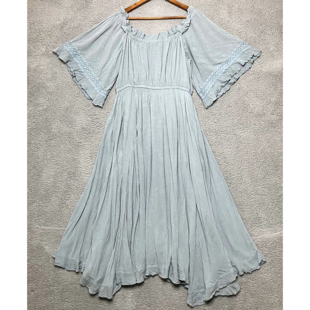 Free People Midi Dress Women Sz L Lace Off Shoulder Ruffles Ren Faire Ethereal - Picture 2 of 12